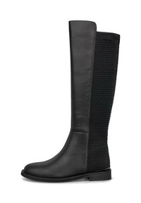 Stivali neri fino al ginocchio con una parte anteriore in pelle liscia e un retro in rete testurizzata. Presentano una suola piatta e un design con punta rotonda.