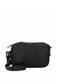 Borsa a tracolla nera in pelle con una finitura testurizzata, chiusura con zip e tracolla removibile. Forma rettangolare compatta con hardware minimale.