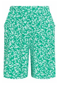 Zelené květinové šortky vyrobené z lehké tkaniny, s elastickým pasem a bočními kapsami, zdobené drobnými bílými květinovými vzory.
