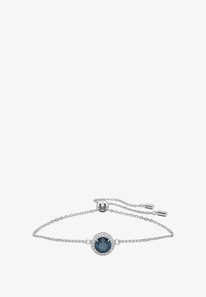 Silberarmband mit verstellbarer Kette, versehen mit einem runden dunkelblauen Stein, umgeben von klaren Steinakzenten.