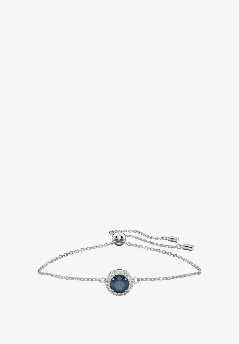 Silberarmband mit verstellbarer Kette, versehen mit einem runden dunkelblauen Stein, umgeben von klaren Steinakzenten.