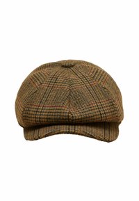 Rjava karo kapica iz teksturirane volnene tkanine, z zaobljeno krono in kratkim, trdim robom. Opazen karo vzorec z tonalnimi poudarki.