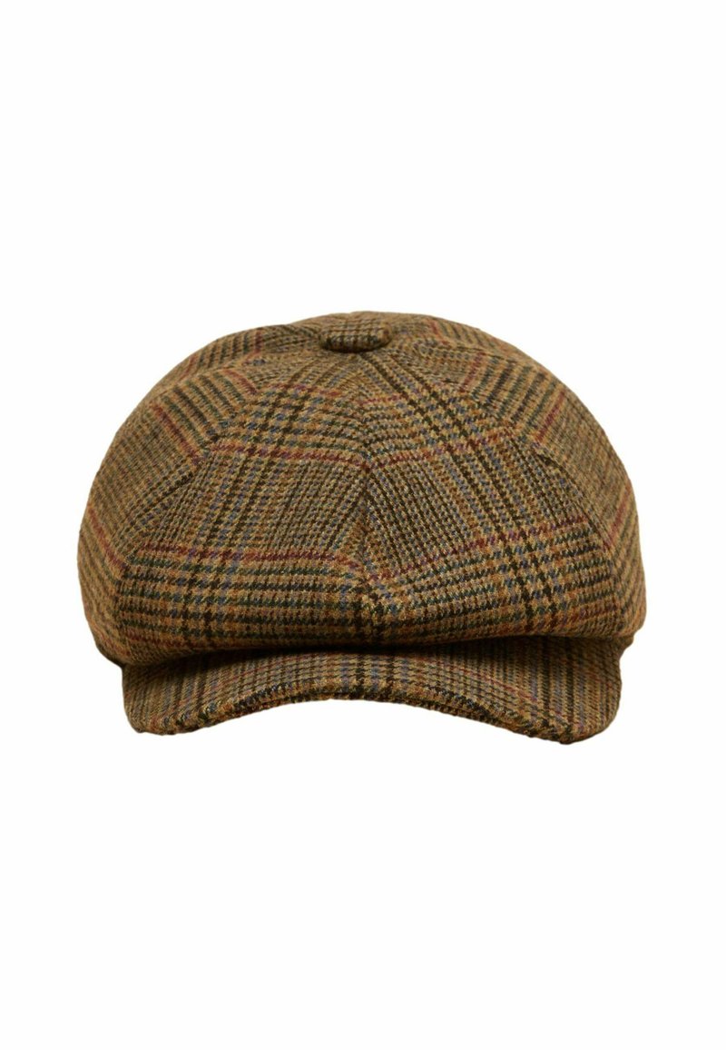 Rjava karo kapica iz teksturirane volnene tkanine, z zaobljeno krono in kratkim, trdim robom. Opazen karo vzorec z tonalnimi poudarki.