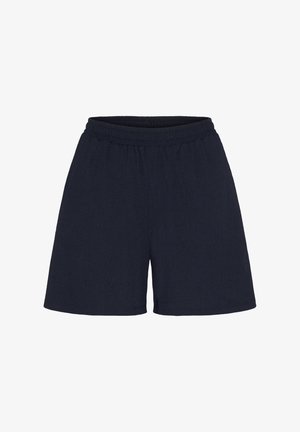 Lyhyet tummansiniset shortsit, joissa on teksturoitu kangas, joustava vyötärö ja löysä mallinnus. Suorat lahkeet eivät sisällä taskuja.