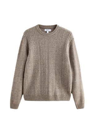 Brown, textured knit sweater with a crew neck, ribbed cuffs, and hem, featuring vertical cable patterns throughout.