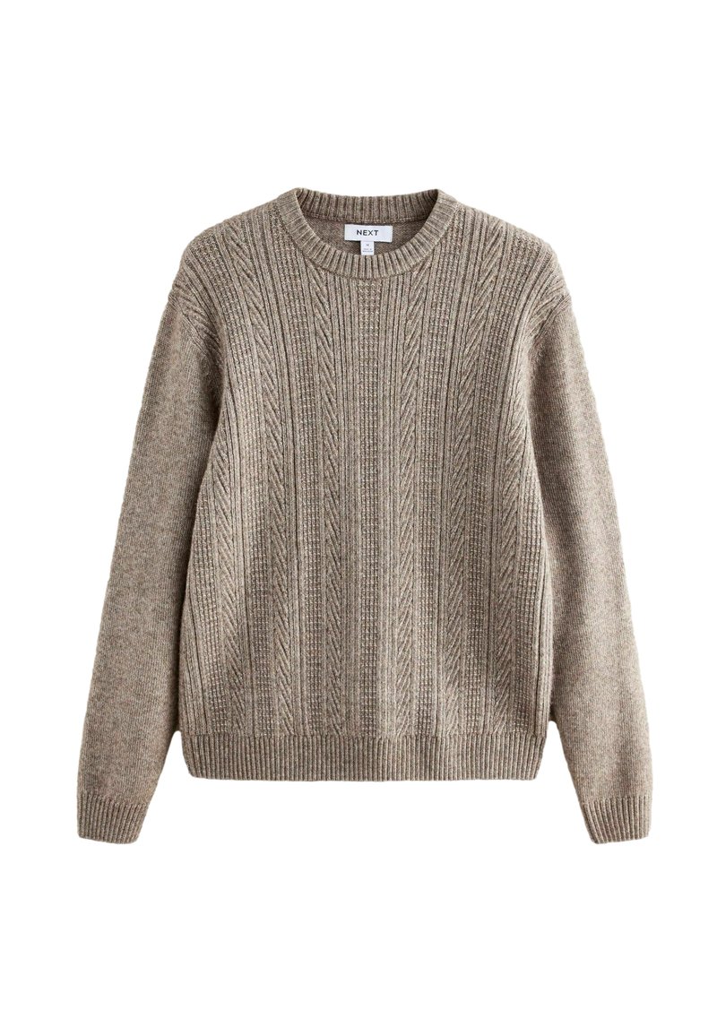 Brown, textured knit sweater with a crew neck, ribbed cuffs, and hem, featuring vertical cable patterns throughout.