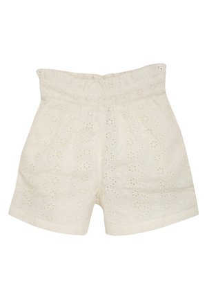 Vita bomullsshorts med broderie anglaise blommönster, med en rynkad midja och en avslappnad passform.