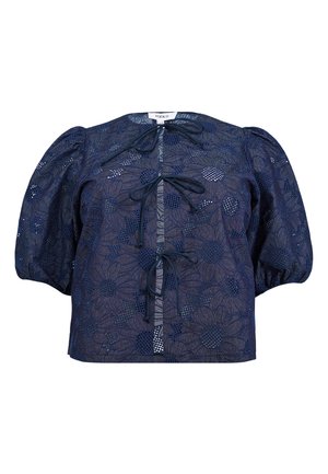 Marineblaue Spitzenbluse mit Blumenmuster, gepufften kurzen Ärmeln und drei vorderen Bindeverschlüssen.