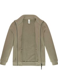 Giacca khaki con zip realizzata in materiale morbido, dotata di una fodera interna testurizzata, maniche lunghe e due tasche anteriori.