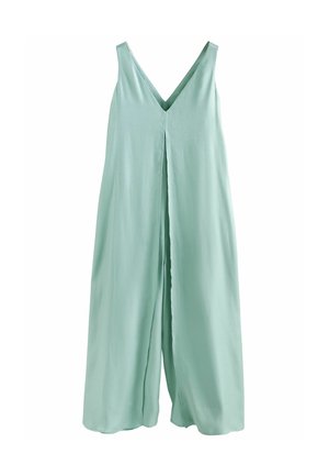 Een mintgroene jumpsuit met een V-hals, wijde benen en een voorste knoopsluiting. Gemaakt van een soepele stof, heeft het een ontspannen, vloeiende silhouet.