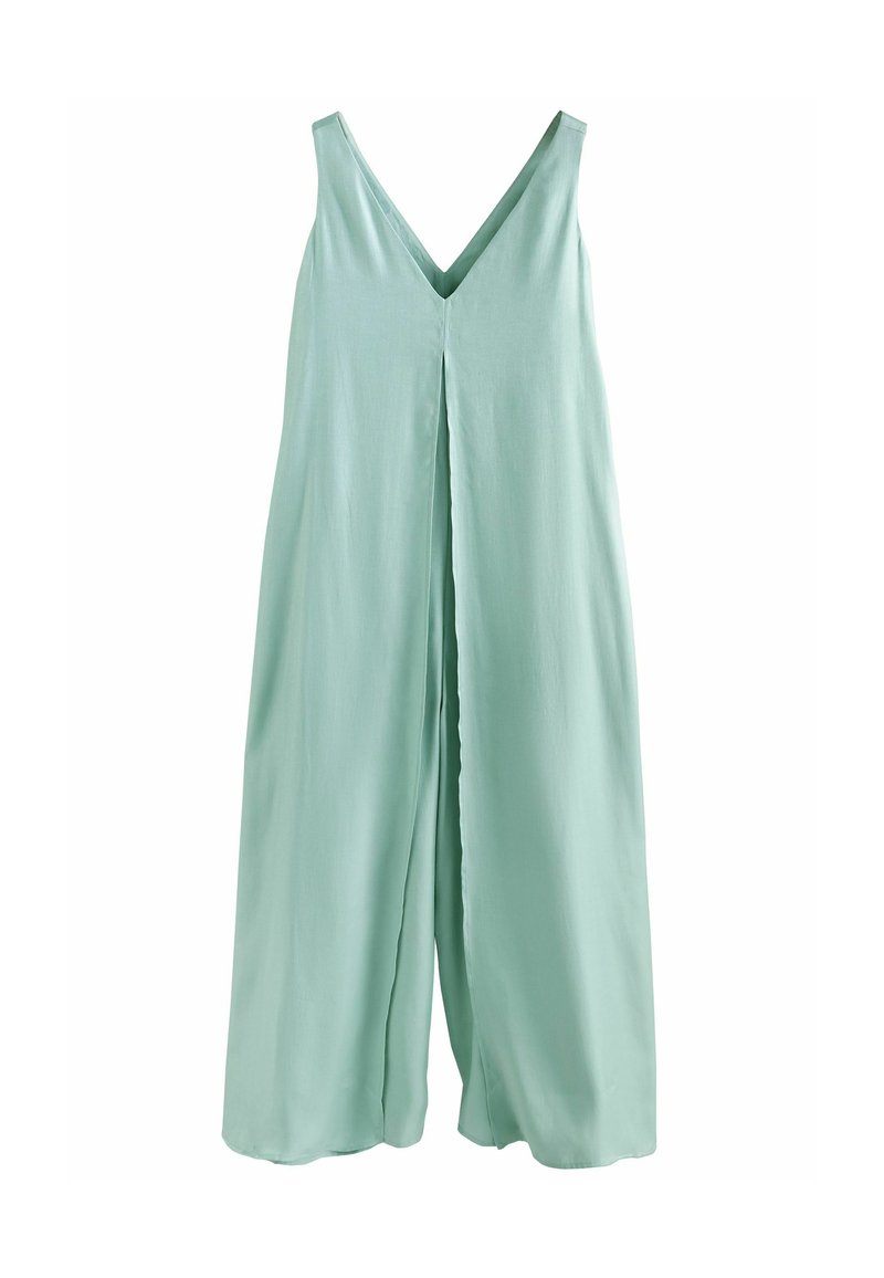 En mintgrøn jumpsuit med V-udskæring, brede ben og en frontplacket. Den er lavet af glat stof og har en afslappet, flydende silhuet.