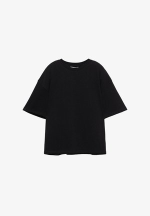 Tricou negru supradimensionat cu mâneci scurte, guler rotund, croială lejeră și cusături căzute la umeri, pe fundal alb.