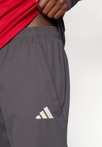 Pantalones cortos deportivos grises hechos de tejido ligero, con una cinturilla elástica, bolsillos laterales y un detalle de logotipo color crema.