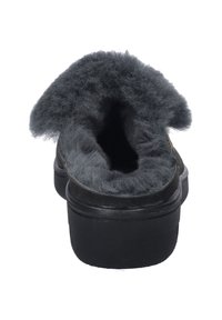 Gray slip-on shoe with plush gray faux fur lining and a sturdy black rubber sole. Features a rounded shape and wide opening for easy wear.