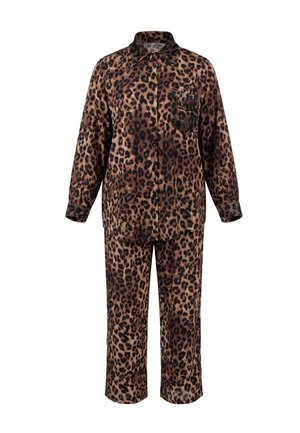 Set camicia a maniche lunghe con bottoni e pantaloni con motivo leopardato marrone e nero, con taschino sul petto e collo con risvolto.