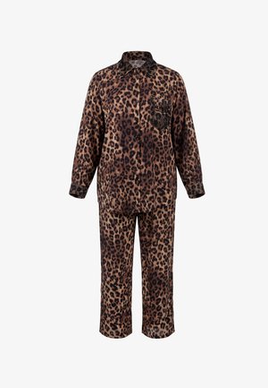 Langarm-Button-up-Hemd und Hose mit braun-schwarzem Leopardenmuster, mit Brusttasche und Kragen.