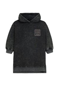 Schwarzer übergroßer Kapuzenpullover mit strukturiertem Muster, ausgestattet mit einer Fronttasche und einem Logo-Patch. Runder Halsausschnitt und gekürzte, umschlagbare Ärmel.