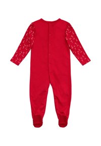 Monito rojo de manga larga; cuerpo rojo sólido, puños con un diseño estampado de bastones de caramelo blancos. Incluye cierres de presión y suelas con textura antideslizante.