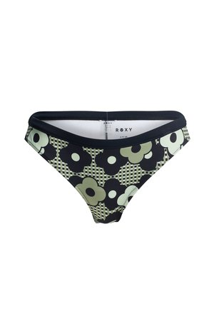 Black bikini bottom with a floral pattern in varying shades of green and white. Features a solid black waistband. Made of stretchy material.
