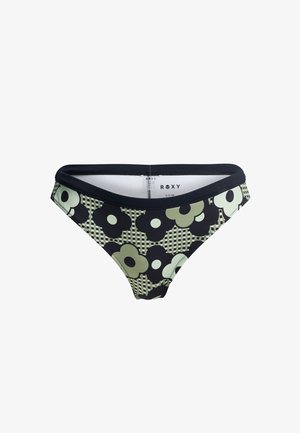 Black bikini bottom with a floral pattern in varying shades of green and white. Features a solid black waistband. Made of stretchy material.