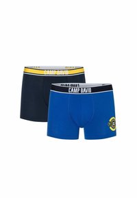 Due coppie di boxer corti; una blu navy con cintura gialla, l'altra blu brillante con cintura nera e dettagli del logo.