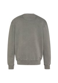 Grå pullover sweatshirt med rund hals, ribbede ærmer og kant. Stoffet ser blødt ud med en let falmet finish.