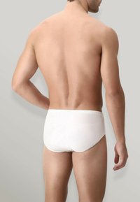 Mutande bianche di cotone con elastico in vita viste da dietro. Tessuto liscio e vestibilità aderente. Design semplice senza motivi o accenti visibili.