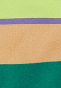 Tessuto multicolore con strisce orizzontali di verde chiaro, viola, beige e verde scuro. Texture liscia con una finitura opaca.