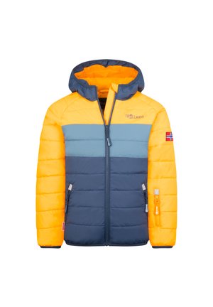 Padded jacket with a hood, featuring yellow, blue, and navy panels. Includes side pockets and a logo on the chest with a Norwegian flag accent.