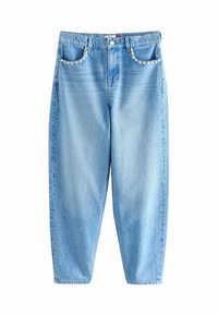 Jeans din denim Albastru deschis, cu o croială relaxată, având buzunare frontale, închidere cu nasture și o textură uzată pentru un aspect purtat.