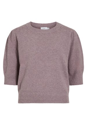 Kortermet genser i en dempet lilla farge, strukturert strikket stoff, rund hals og ribbestrikkede mansjetter og hem. Enkelt og moderne design.