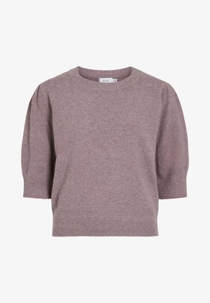Pull à manches courtes dans une couleur lilas douce, en tissu tricoté texturé, avec un col rond et des bords-côtes aux poignets et à l'ourlet. Design simple et moderne.
