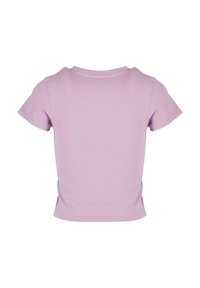 T-shirt a maniche corte color lillà, realizzato in morbido cotone, con scollatura tonda e un design aderente caratterizzato da una superficie liscia.