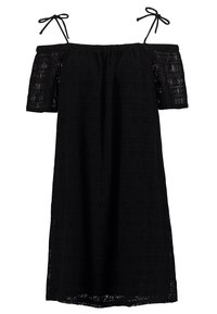 Schwarzes schulterfreies Kleid aus strukturiertem Spitzenmaterial, mit kurzen Ärmeln, verstellbaren Bändern und lockerer Passform.