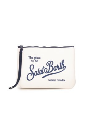 Bustina rettangolare bianca con zip con testo blu navy "The place to be Saint Barth Summer Paradise" e linguetta della zip blu navy.