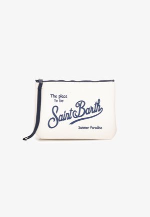 Bustina rettangolare bianca con zip con testo blu navy "The place to be Saint Barth Summer Paradise" e linguetta della zip blu navy.