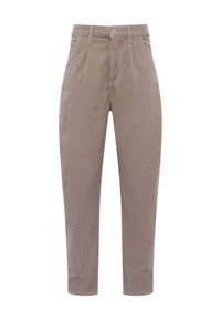 Pantalon en velours côtelé marron avec passants de ceinture, bouton avant, fermeture éclair et poches latérales, présenté sur fond blanc.