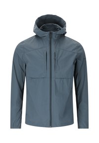Lättviktsjacka med huva i skifferblått. Har två bröstfickor, en framzipper och elastiska ärmslut. Texturerat, vattentåligt material.