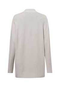 Helles beiges langärmliges Sweatshirt mit lockerer Passform, horizontal gerippter Textur, rundem Halsausschnitt und überschnittenen Schultern.