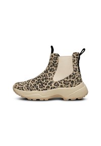 Leopardmönstrade anklarstövlar med elastiska sidopaneler och svart dragflik, med en vadderad beige sula för komfort och grepp.
