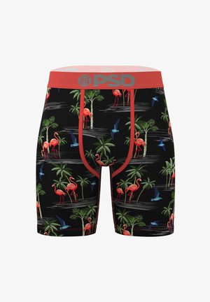 Black boxer briefs featuring a colorful flamingo and palm tree pattern, red waistband with "PSD" logo, and breathable mesh design.