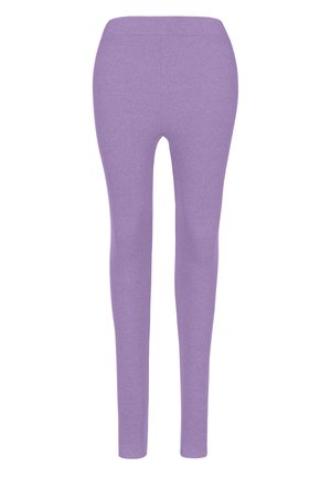 Liliowe legginsy wykonane z miękkiego, elastycznego materiału. Posiadają gładki design, wysoką talię i dopasowany krój na całej długości nóg.