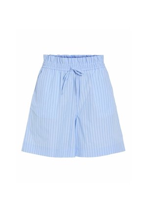 Svetlomodré šortky s vertikálnymi bielymi a tmavomodrými úzkymi pruhmi, elastickým pásom a viazanou šnúrkou vpredu v strede.