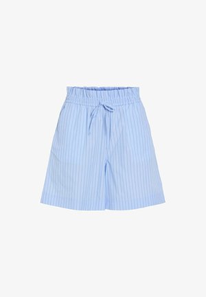 Helehallid lühikesed püksid, millel on vertikaalsed valged ja tumelasinised peenikesed triibud, elastne vöökoht ja ees keskel seotud pael.