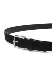 Black suede belt with a silver metal buckle, featuring five holes for adjustment and a smooth, flat texture.