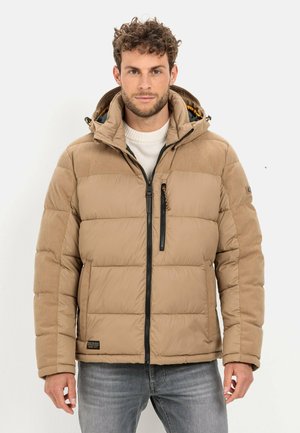 Beige puffer jacket with a detachable hood, front zipper, and vertical chest pocket. Features corduroy accents on shoulders and sleeves.