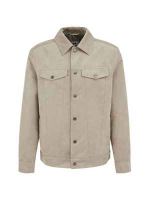 Beige suède jas met een kraag, twee borstzakken en een knoopsluiting aan de voorkant. Voorzien van zichtbare stiksels en een rechte snit.