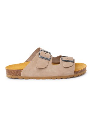 Sandalia deslizante beige de ante con punta abierta, dos correas ajustables con hebilla metálica y suela de corcho con suela exterior de goma texturizada.