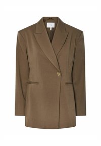 Brun kavaj med skräddarsydd passform, spetsiga slag, enkel guldkneppingstängning, två framfickor och rena linjer. Tillverkad av mjukt tyg.