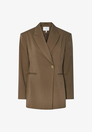 Brun blazer med tilpasset passform, notched lapeller, enkelt gull knappelukking, to frontlommer og rene linjer. Laget av glatt stoff.